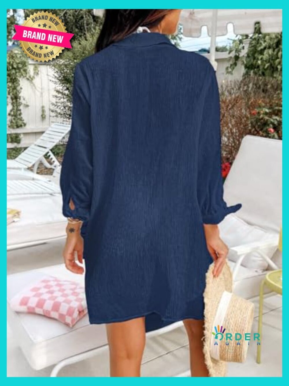 Button Down Beach Cover Up Shirt Dress Casual V Neck with Pockets - Picture 3 of 5